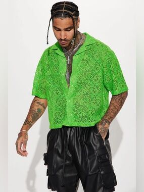 Fashion Nova Bright Green Lace Button-Up Top
